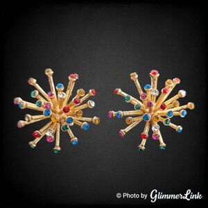 Gold Tone Starburst Sputnik Earrings Multicolor Rhinestone Firework